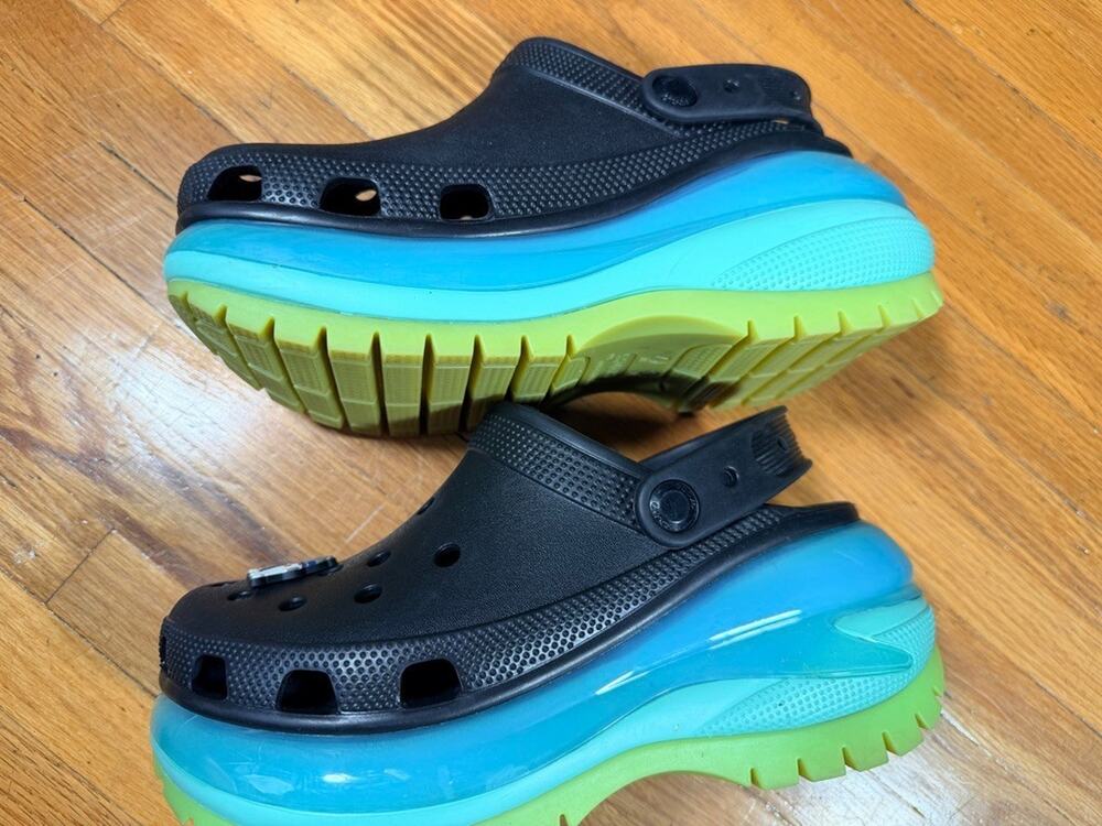Crocs Mega Crush Platform Clogs Black Teal Lime Women’s 7 Men’s 5 w Charms
